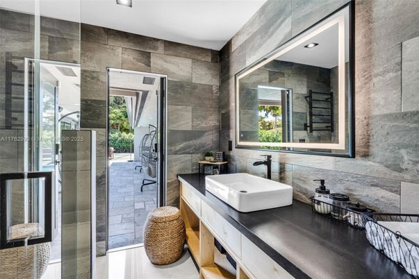 Bathroom, Glass Shower, Interior, Recessed Lighting, Stone Walls