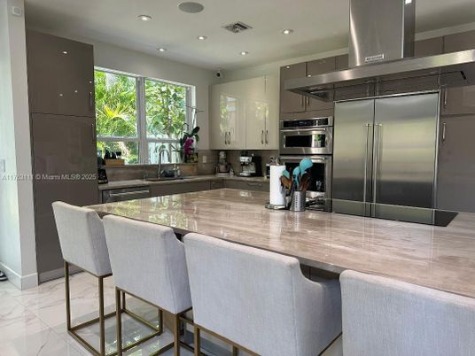 Interior, Kitchen, Marble, Recessed Lighting, Stainless Steel Appliances