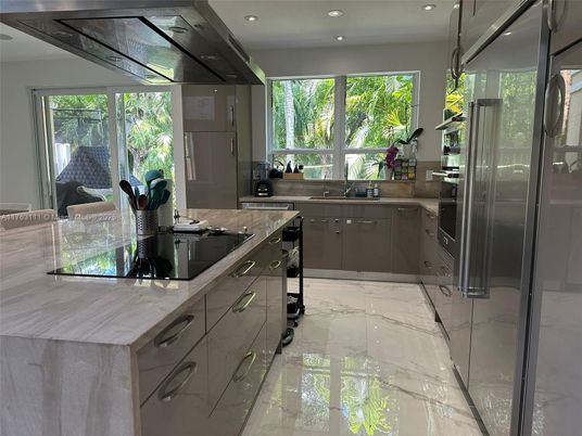Interior, Kitchen, Marble, Recessed Lighting, Stainless Steel Appliances