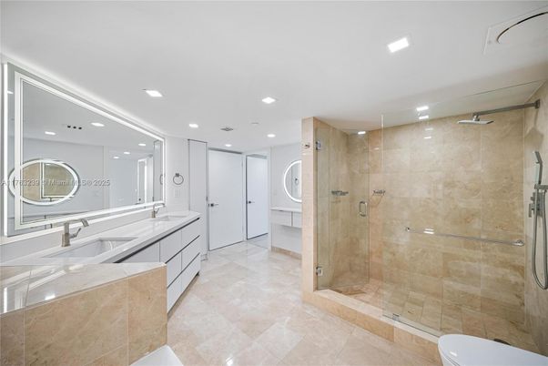 Bathroom, Dual Sink Vanities, Glass Shower, Interior, Recessed Lighting