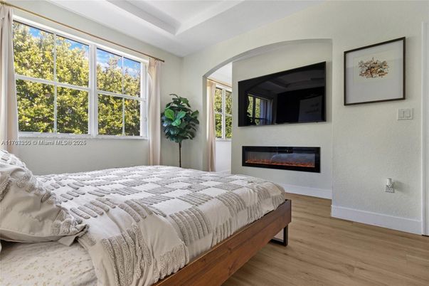 Bedroom, Fireplace, Interior, Wood Texture Flooring