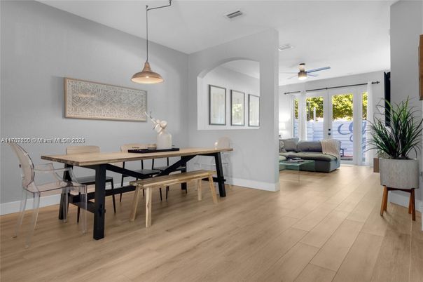 Dining room, Interior, Pendant Lights, Wood Texture Flooring
