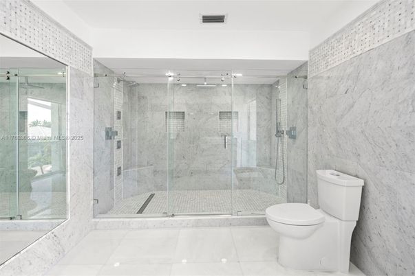 Bathroom, Glass Shower, Interior, Marble Walls, Recessed Lighting