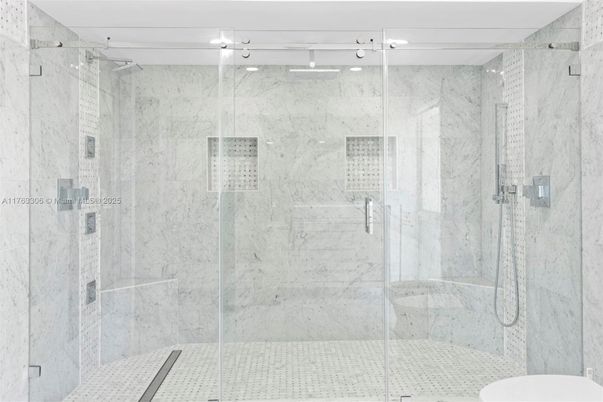 Bathroom, Glass Shower, Interior, Marble Walls, Recessed Lighting