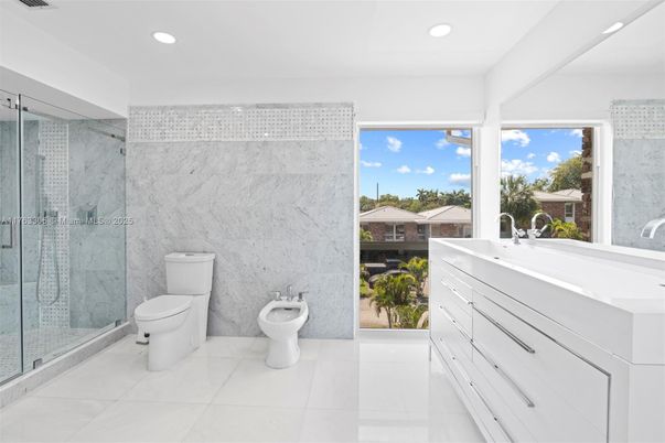 Bathroom, Glass Shower, Interior, Marble Walls, Recessed Lighting