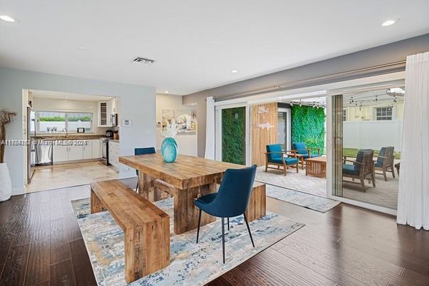 Dining room, Interior, Recessed Lighting, Wood Texture Flooring
