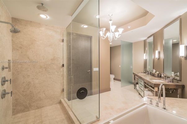 Bathroom, Chandelier, Dual Sink Vanities, Glass Shower, Interior, Recessed Lighting