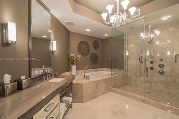 Bathroom, Chandelier, Dual Sink Vanities, Glass Shower, Interior, Recessed Lighting