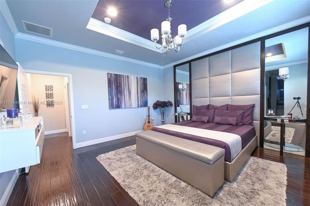 Bedroom, Chandelier, Interior, Recessed Lighting, Wood Texture Flooring