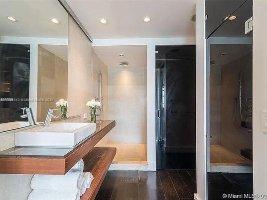 Bathroom, Glass Shower, Interior, Recessed Lighting, Wood Texture Flooring