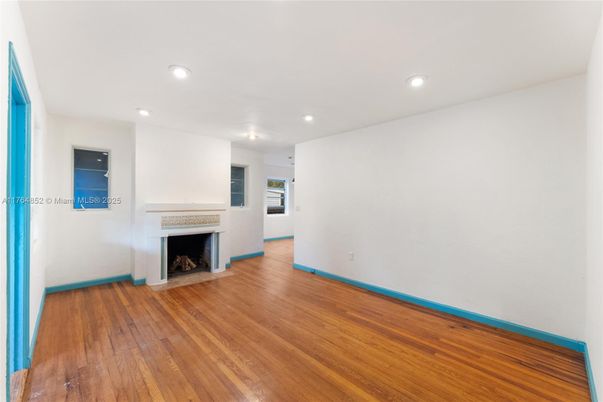Empty room, Fireplace, Interior, Recessed Lighting, Wood Texture Flooring