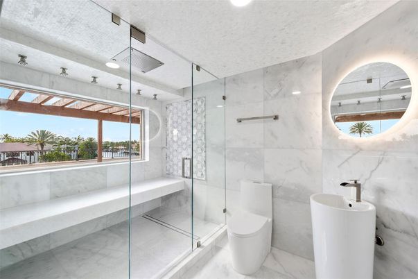 Bathroom, Glass Shower, Interior, Marble, Marble Walls, Recessed Lighting