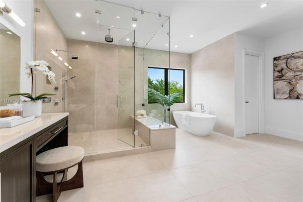 Bathroom, Free Standing Baths, Glass Shower, Interior, Recessed Lighting