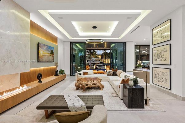 Fireplace, Interior, Living room, Marble Walls, Recessed Lighting