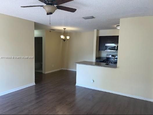 Chandelier, Empty room, Interior, Kitchen, Stainless Steel Appliances, Wood Texture Flooring