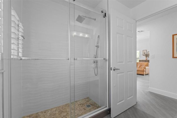 Bathroom, Glass Shower, Interior, Wood Texture Flooring