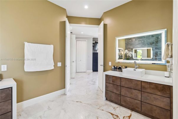 Bathroom, Dual Sink Vanities, Interior, Marble, Recessed Lighting