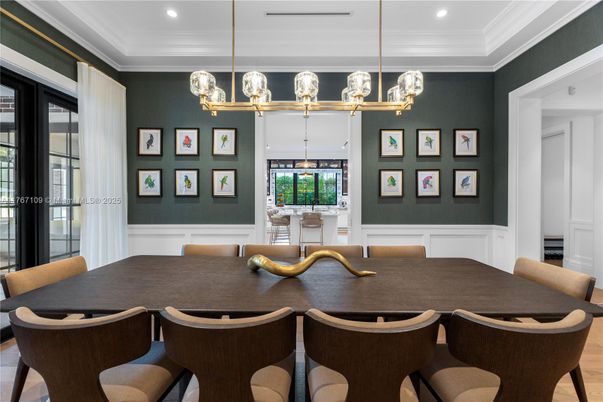 Dining room, Interior, Pendant Lights, Recessed Lighting, Wood Texture Flooring