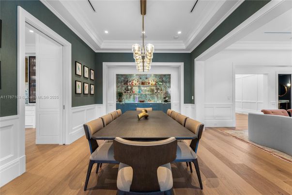 Dining room, Interior, Pendant Lights, Recessed Lighting, Wood Texture Flooring
