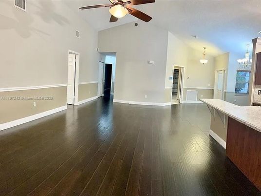 Empty room, Interior, Kitchen, Pendant Lights, Wood Texture Flooring