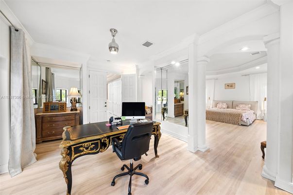 Bedroom, Home Office, Interior, Recessed Lighting, Wood Texture Flooring