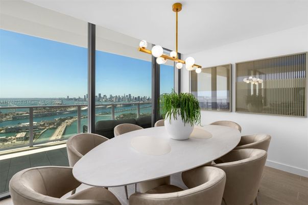 Dining room, Interior, Pendant Lights, Water, Wood Texture Flooring