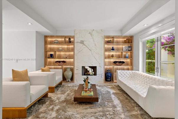 Fireplace, Interior, Living room, Marble Walls, Recessed Lighting