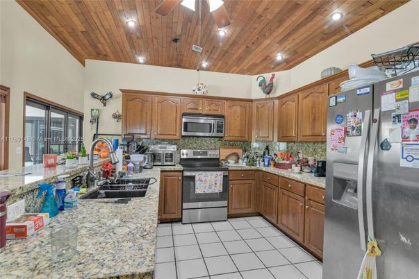 Interior, Kitchen, Recessed Lighting, Stainless Steel Appliances, Wooden Ceilings