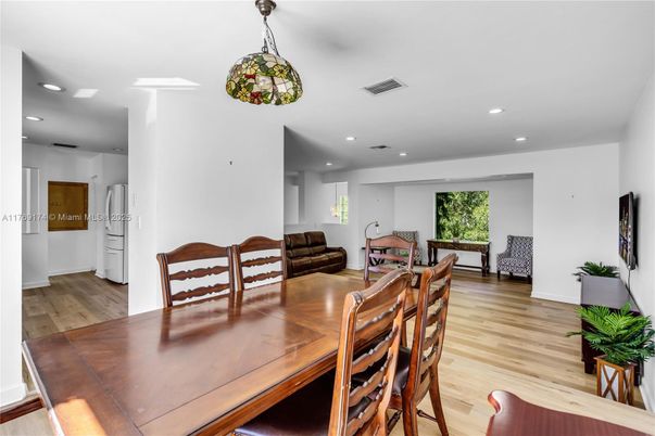 Dining room, Interior, Pendant Lights, Recessed Lighting, Wood Texture Flooring