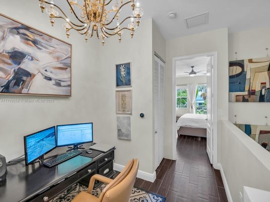 Bedroom, Chandelier, Home Office, Interior, Wood Texture Flooring