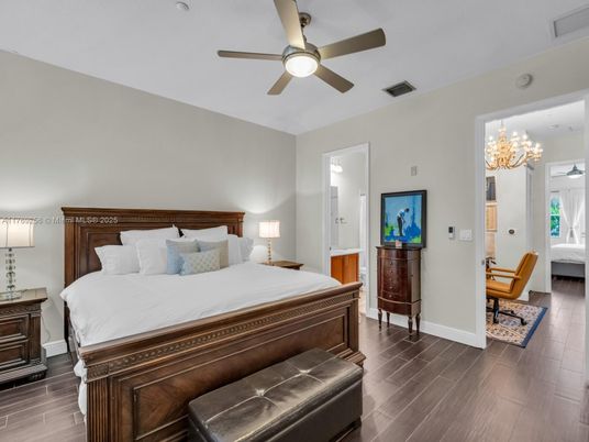 Bedroom, Chandelier, Interior, Wood Texture Flooring