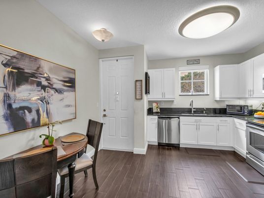 Dining room, Interior, Kitchen, Stainless Steel Appliances, Wood Texture Flooring