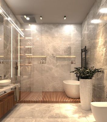 Bathroom, Dual Sink Vanities, Free Standing Baths, Glass Shower, Interior, Marble Walls, Recessed Lighting