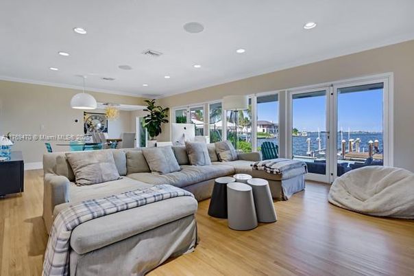Dining room, Interior, Kitchen, Living room, Pendant Lights, Recessed Lighting, Water, Wood Texture Flooring