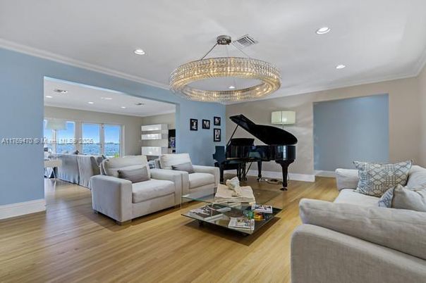 Chandelier, Interior, Living room, Piano, Recessed Lighting, Water, Wood Texture Flooring