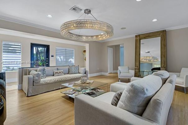 Chandelier, Interior, Living room, Recessed Lighting, Wood Texture Flooring