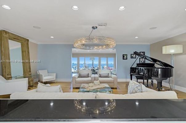Chandelier, Interior, Living room, Piano, Recessed Lighting, Wood Texture Flooring
