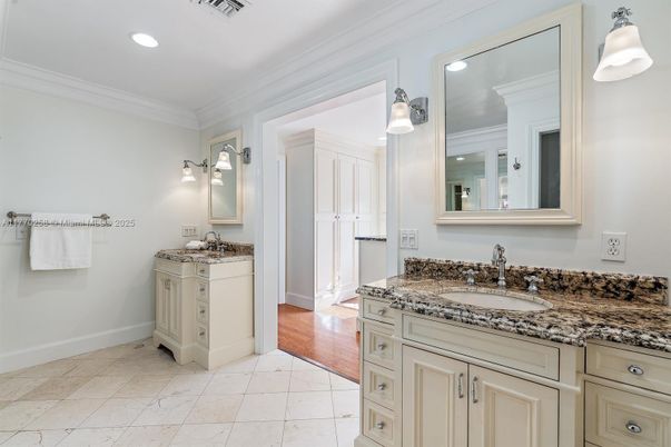 Bathroom, Dual Sink Vanities, Interior, Recessed Lighting, Wood Texture Flooring