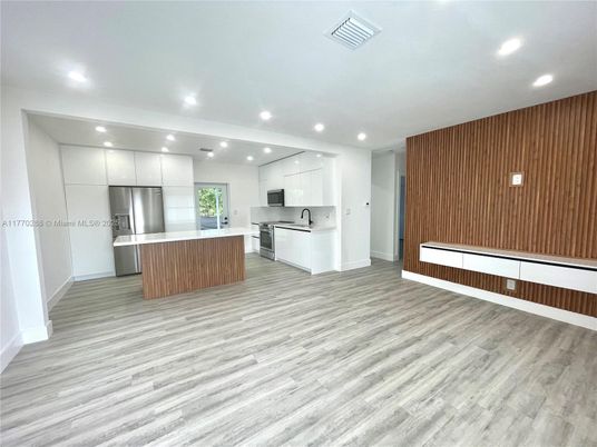 Interior, Kitchen, Recessed Lighting, Stainless Steel Appliances, Wood Texture Flooring