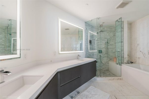 Bathroom, Dual Sink Vanities, Glass Shower, Interior, Marble, Marble Walls