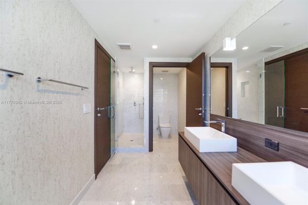 Bathroom, Dual Sink Vanities, Glass Shower, Interior, Marble, Recessed Lighting