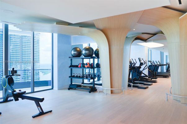 Fitness Equipment, Gym, Interior, Recessed Lighting, Wood Texture Flooring