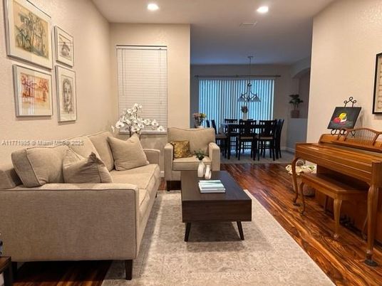 Dining room, Interior, Living room, Pendant Lights, Piano, Recessed Lighting, Wood Texture Flooring