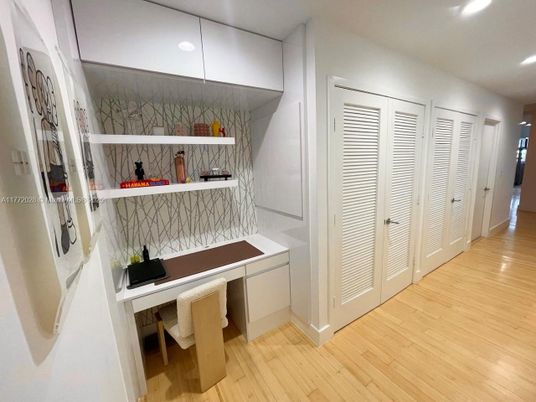 Interior, Marble Walls, Recessed Lighting, Wood Texture Flooring