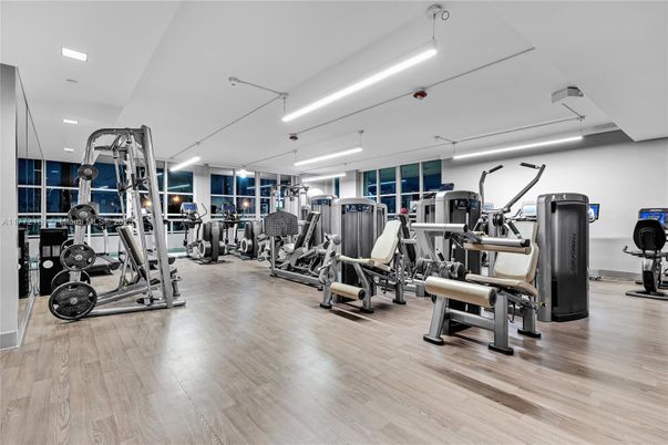 Fitness Equipment, Gym, Interior, Recessed Lighting, Wood Texture Flooring