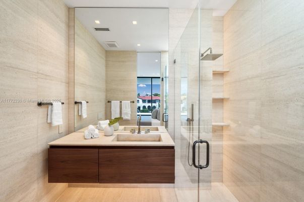 Bathroom, Glass Shower, Interior, Recessed Lighting, Wood Texture Flooring