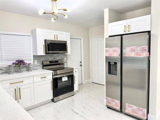 Interior, Kitchen, Marble, Pendant Lights, Stainless Steel Appliances
