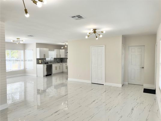 Interior, Kitchen, Marble, Pendant Lights, Stainless Steel Appliances