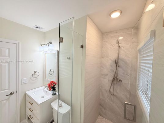 Bathroom, Glass Shower, Interior, Marble Walls, Recessed Lighting
