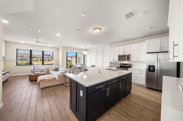Interior, Kitchen, Living room, Pendant Lights, Recessed Lighting, Stainless Steel Appliances, Wood Texture Flooring